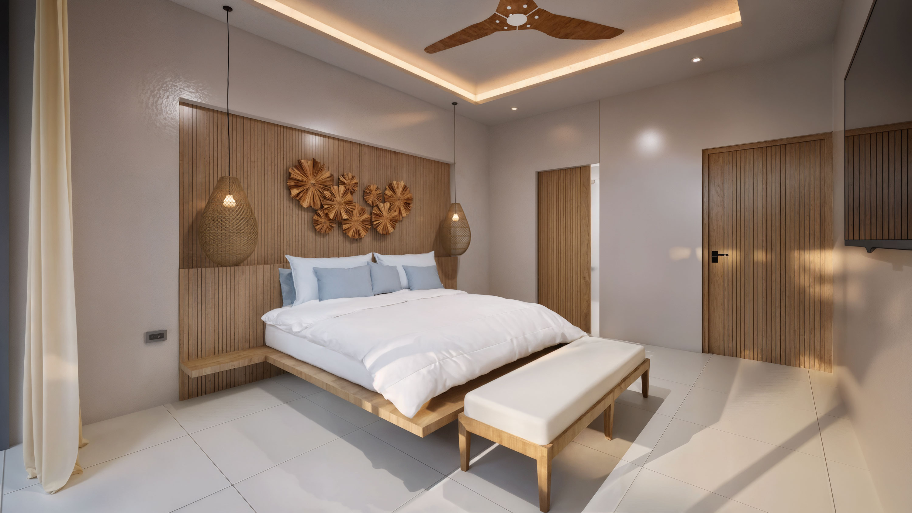 Master bedroom with rattan pendants